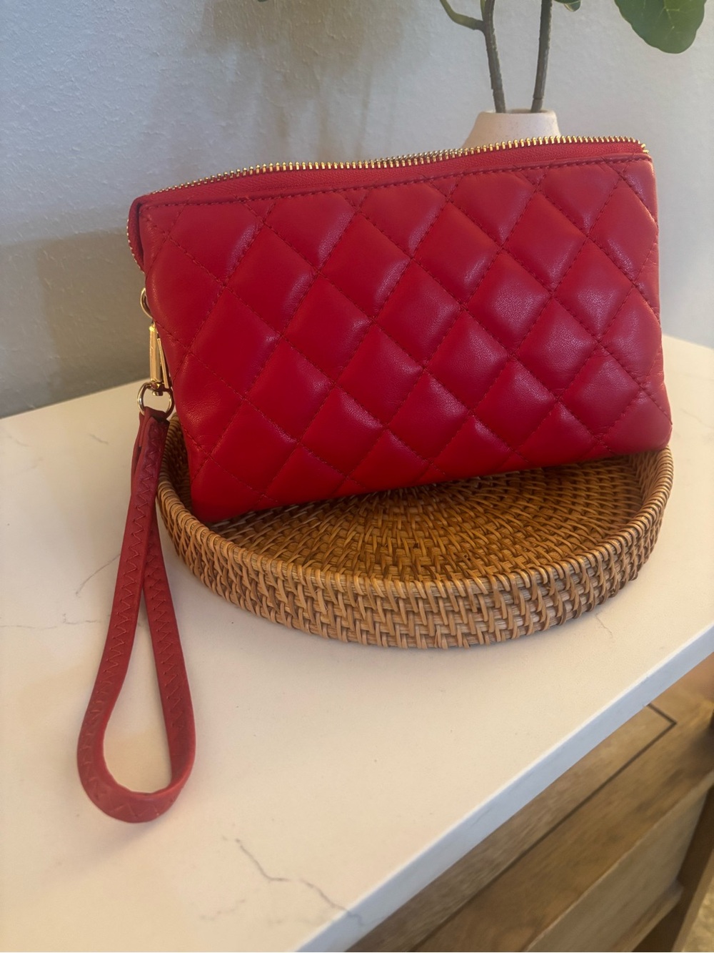 Quilted Red Wristlet Clutch with Gold Hardware